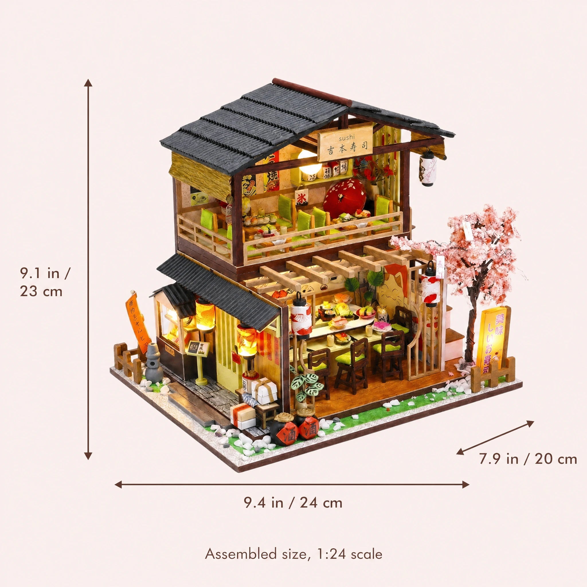 The Sakura Sushi Bar assembled size: 9.1 x 9.4 x 7.9 inches (23 x 24 x 20 cm)
