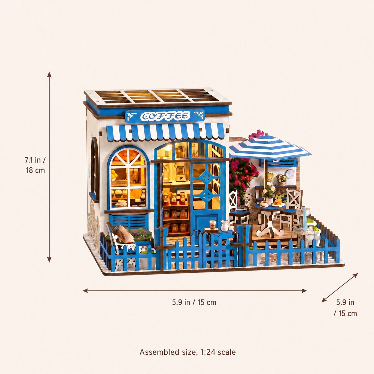 The Santorini Café assembled size: 7.1 x 5.9 x 5.9 inches (18 x 15 x 15 cm)