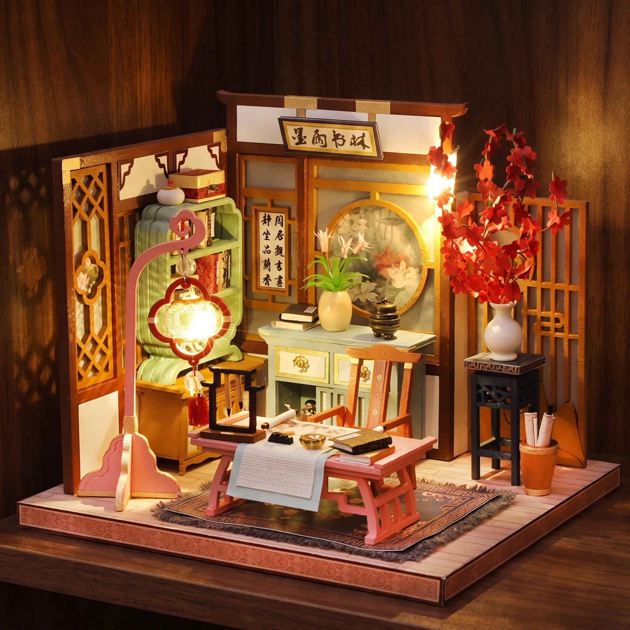 The Scholar's Study glowing on a walnut shelf at night
