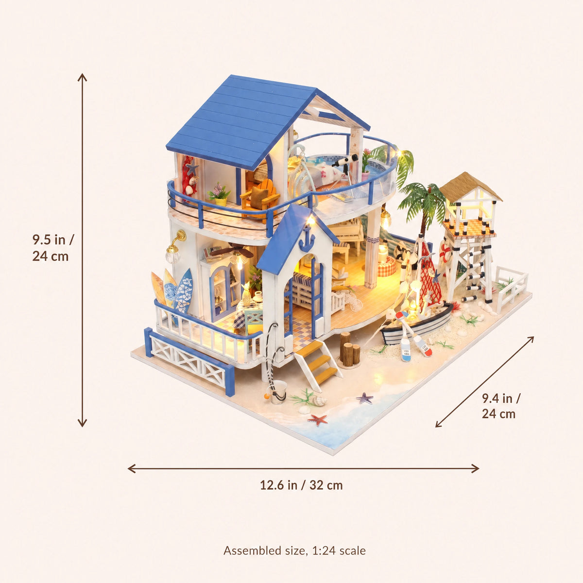 The Seaside Villa assembled size: 9.5 x 12.6 x 9.4 inches (24 x 32 x 24 cm)