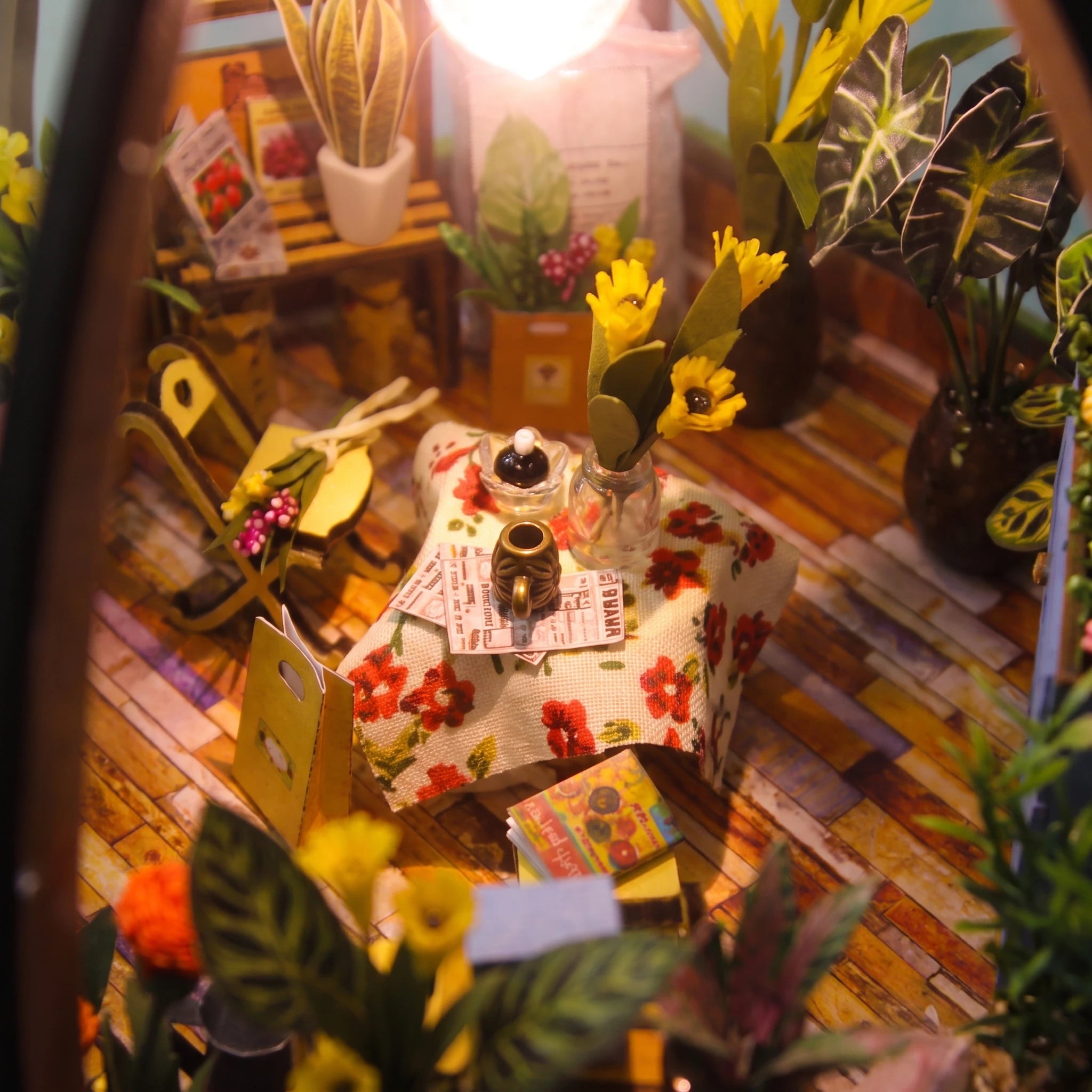 Macro of the seed packet table inside The Seedling Dome