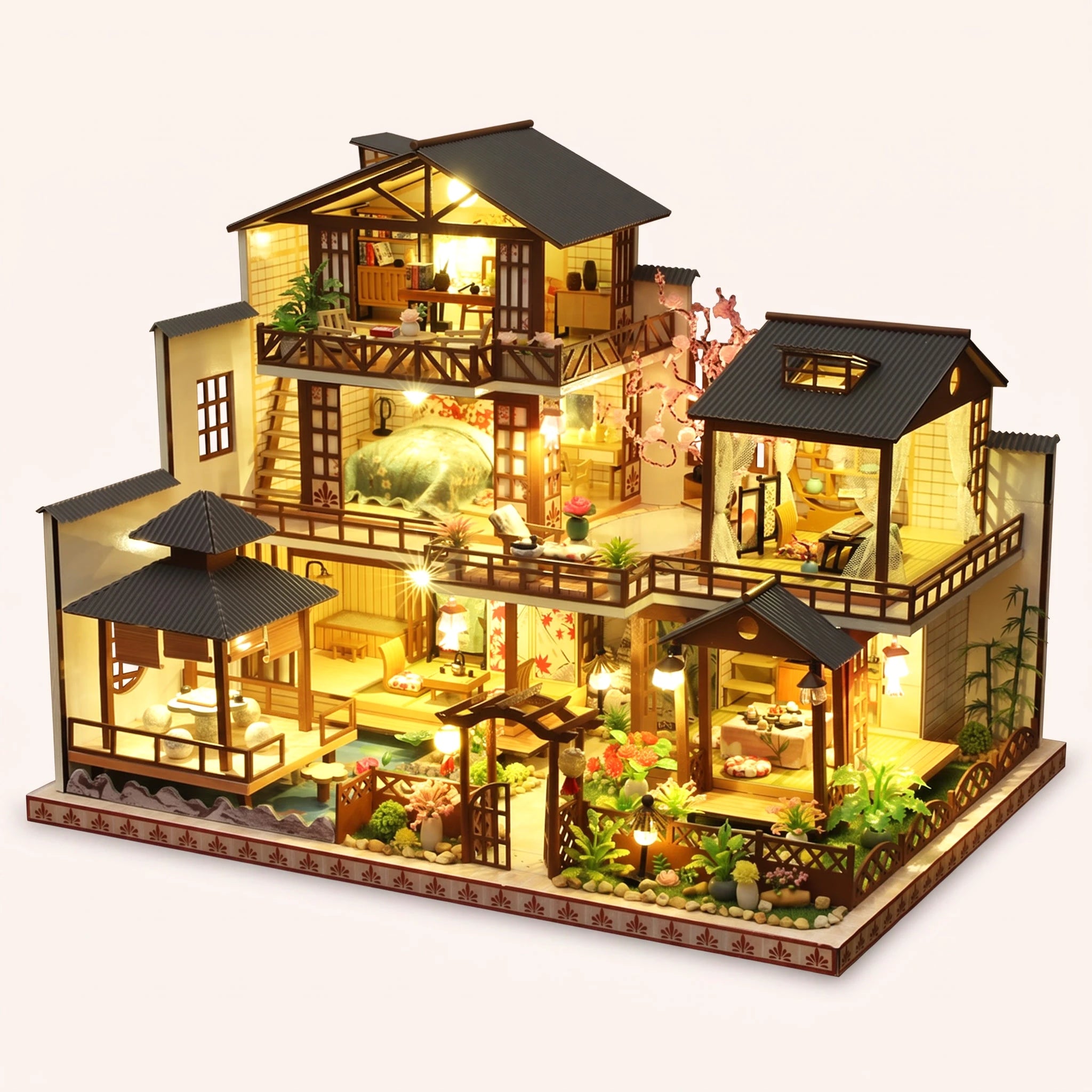 The Shogun's Garden DIY miniature kit fully built with LED lights on