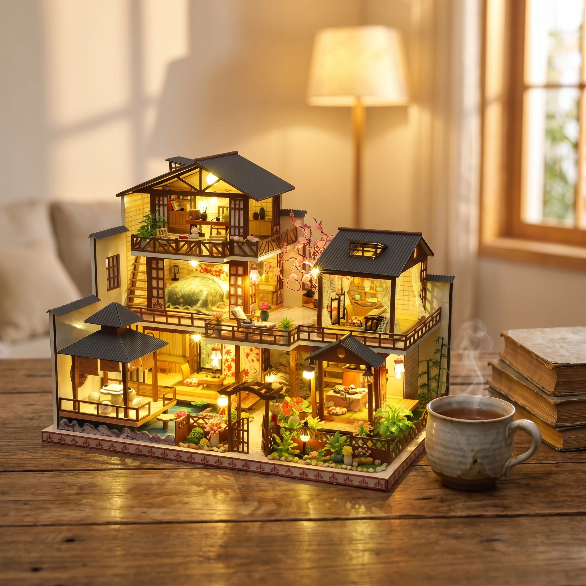 The Shogun's Garden lit on a desk at dusk beside a mug of tea