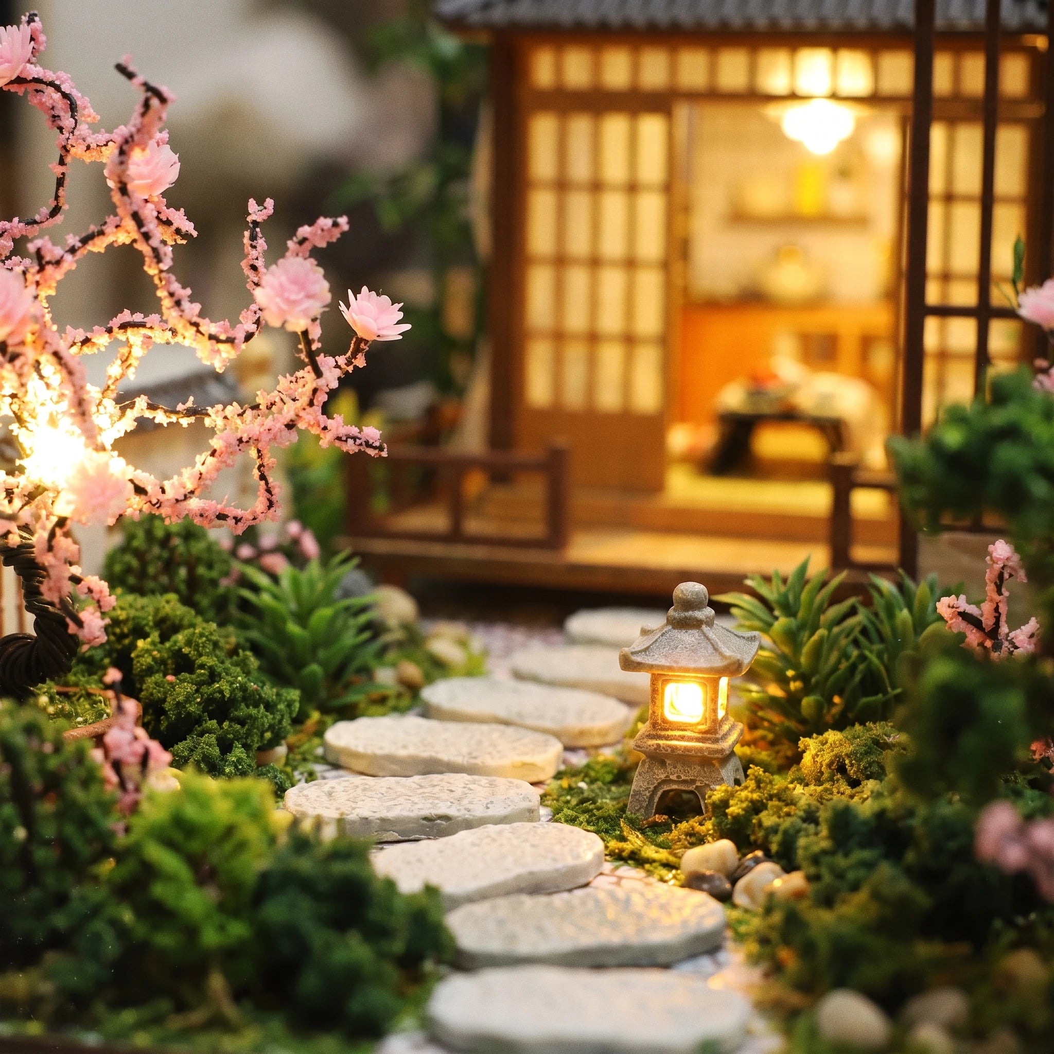 Close-up of the lantern lit garden path of The Shogun's Garden