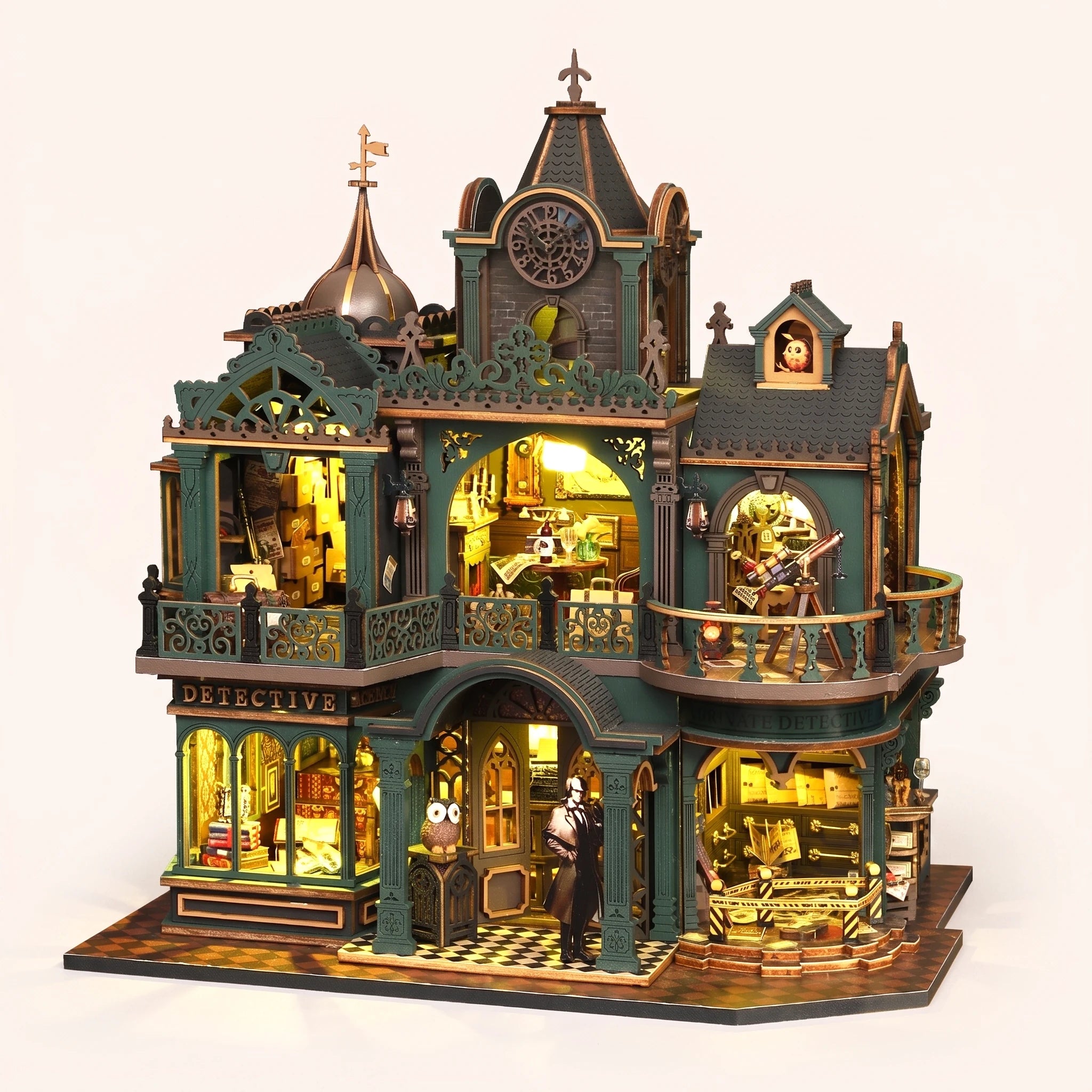 The Sleuth Society DIY miniature detective agency kit, lights on, studio hero