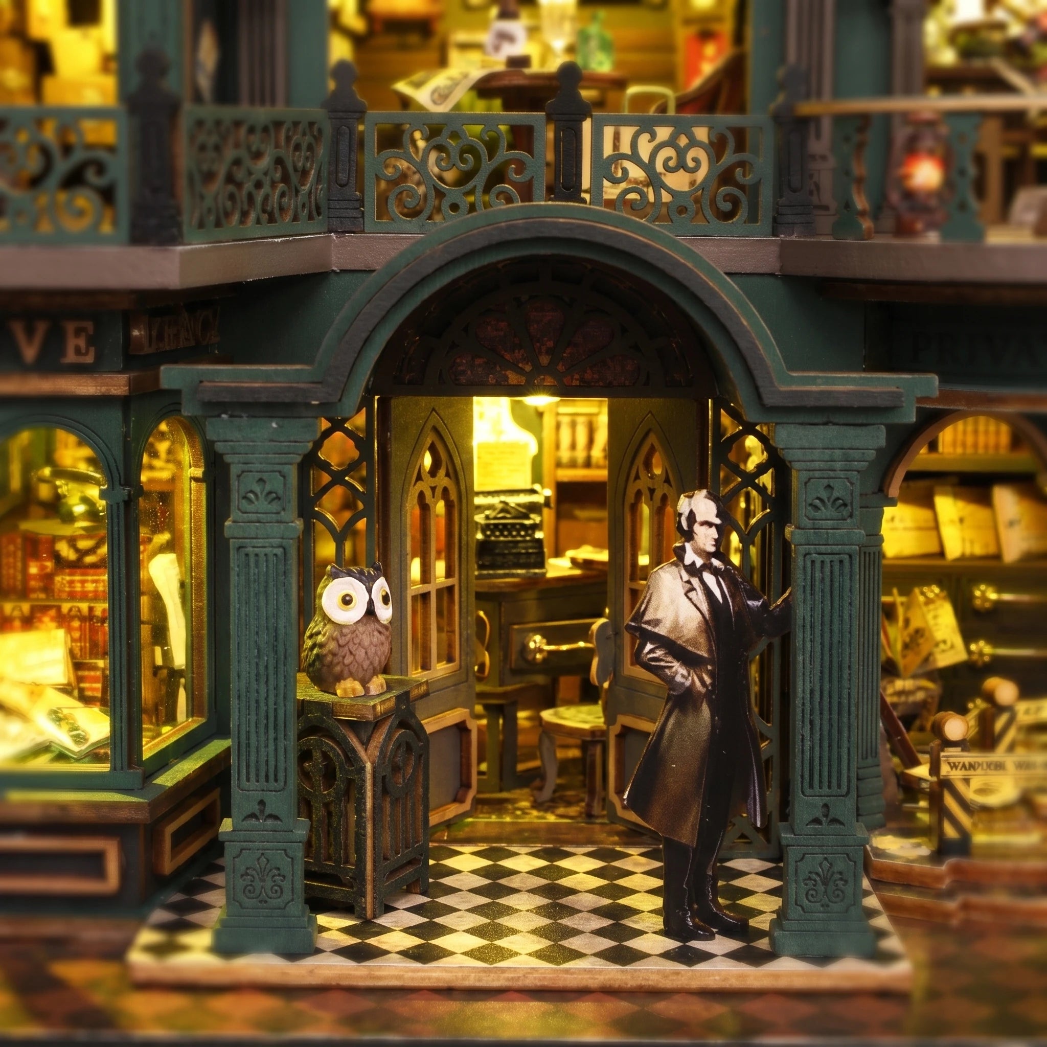 Detective figure and owl at the checkered entrance of The Sleuth Society