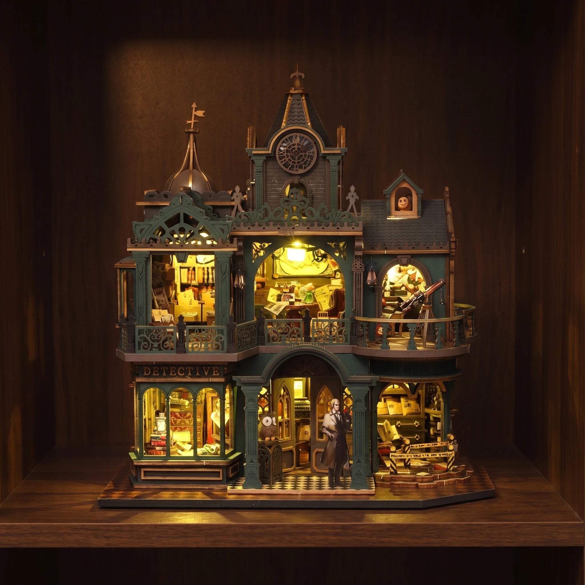 The Sleuth Society glowing on a walnut shelf at night
