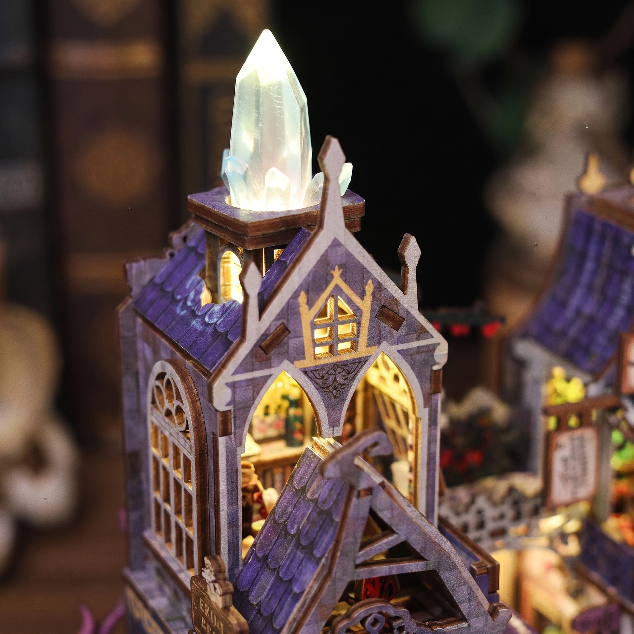 Glowing crystal spire detail of The Storybook Bazaar