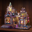 The Storybook Bazaar glowing on a walnut shelf at night