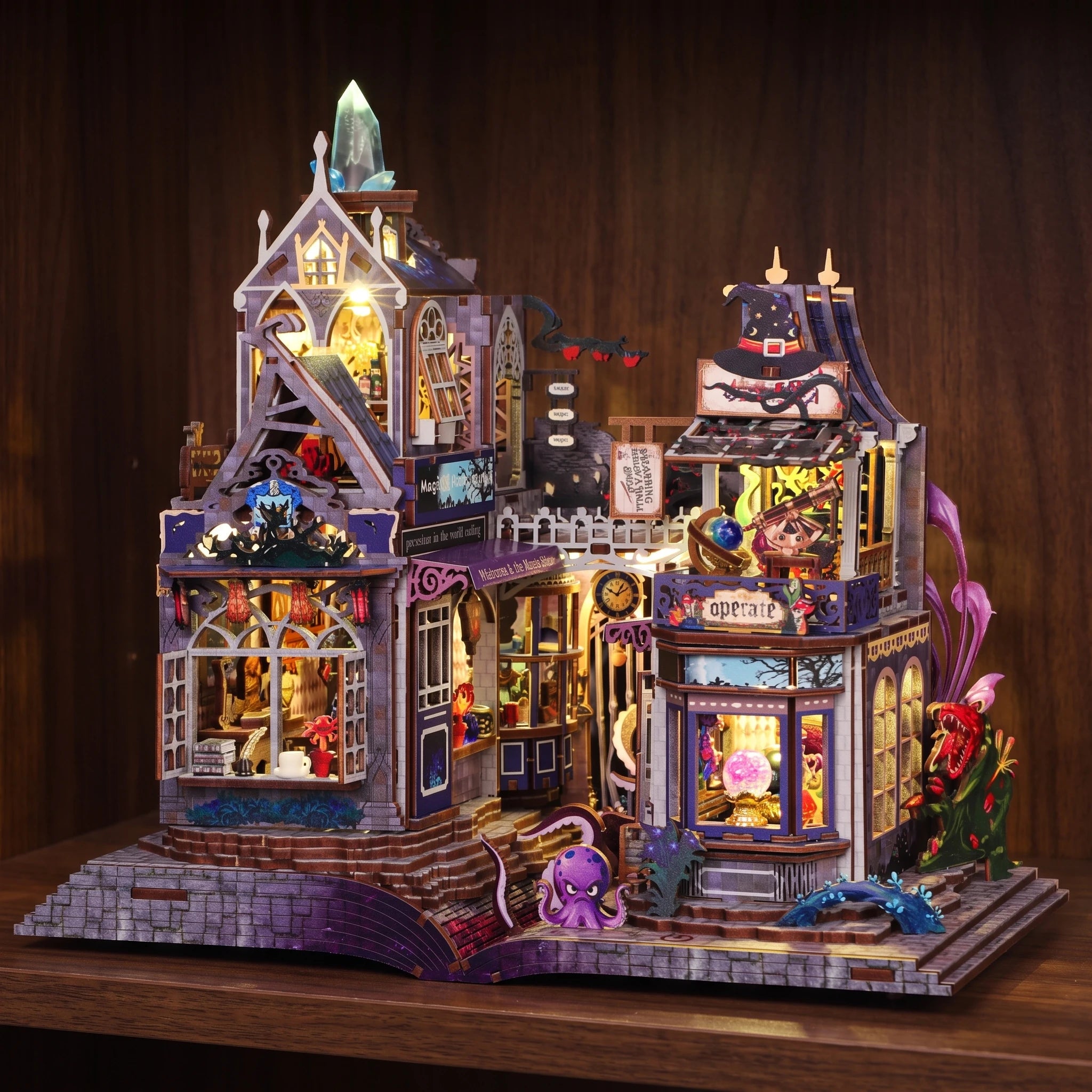 The Storybook Bazaar glowing on a walnut shelf at night