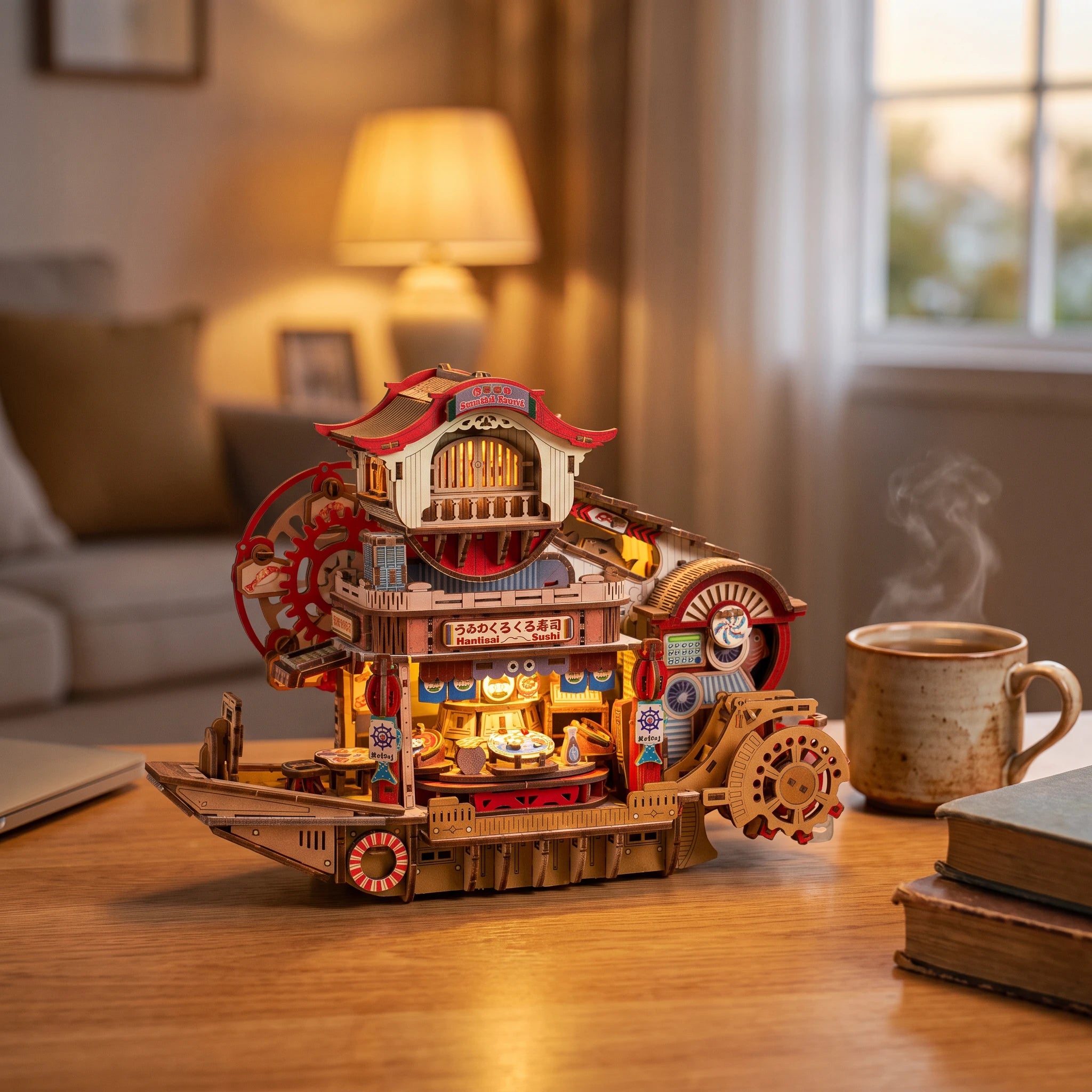 The Sushi Wheelhouse lit on a wooden desk at dusk beside a mug of tea