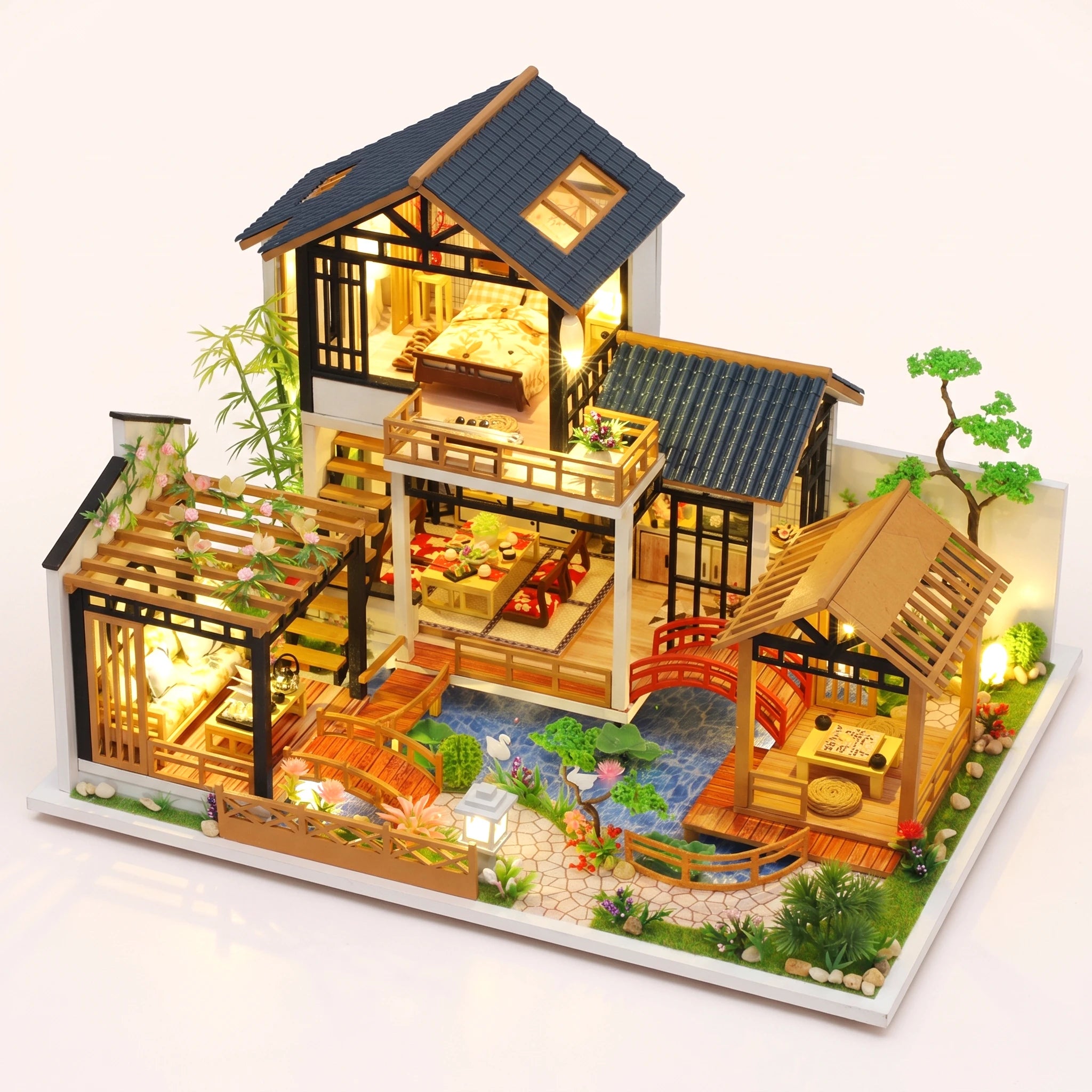 The Swan Garden DIY miniature Japanese villa kit, LED lights on