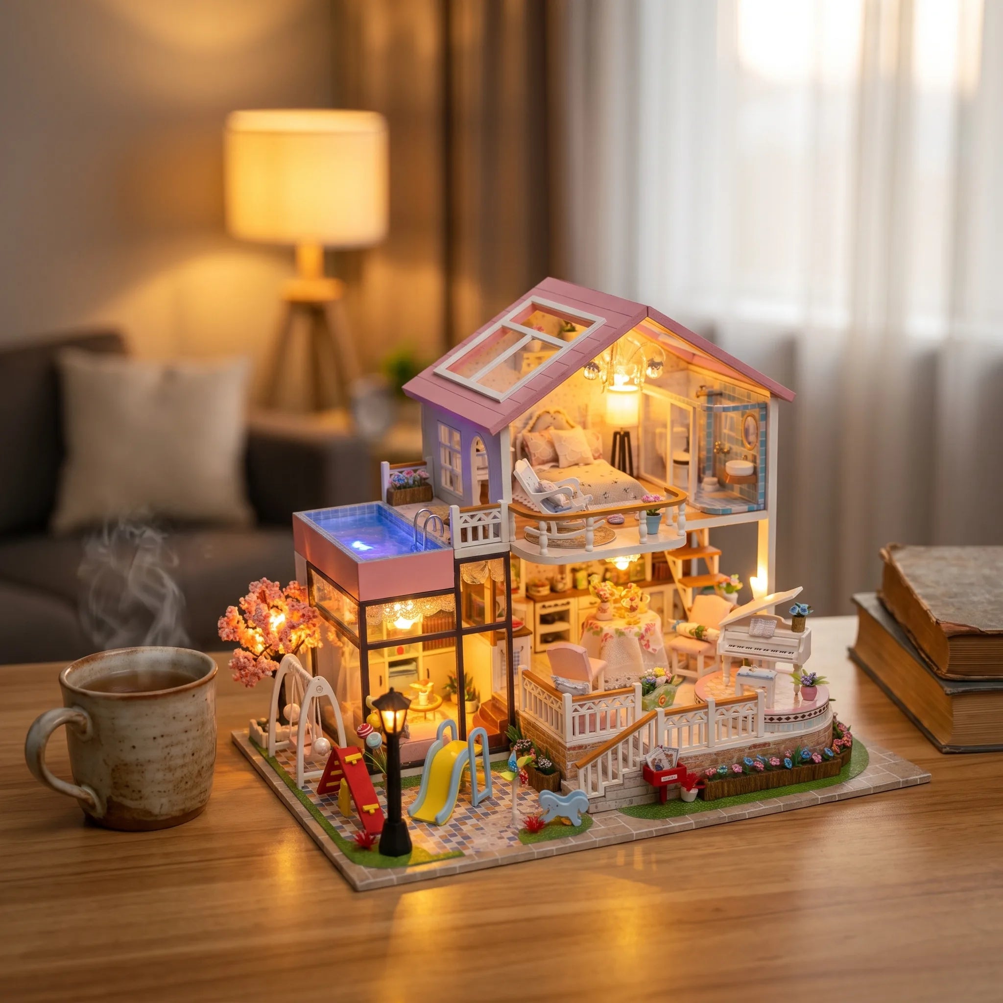 The Sweetheart Villa on a warm desk at dusk beside tea and books