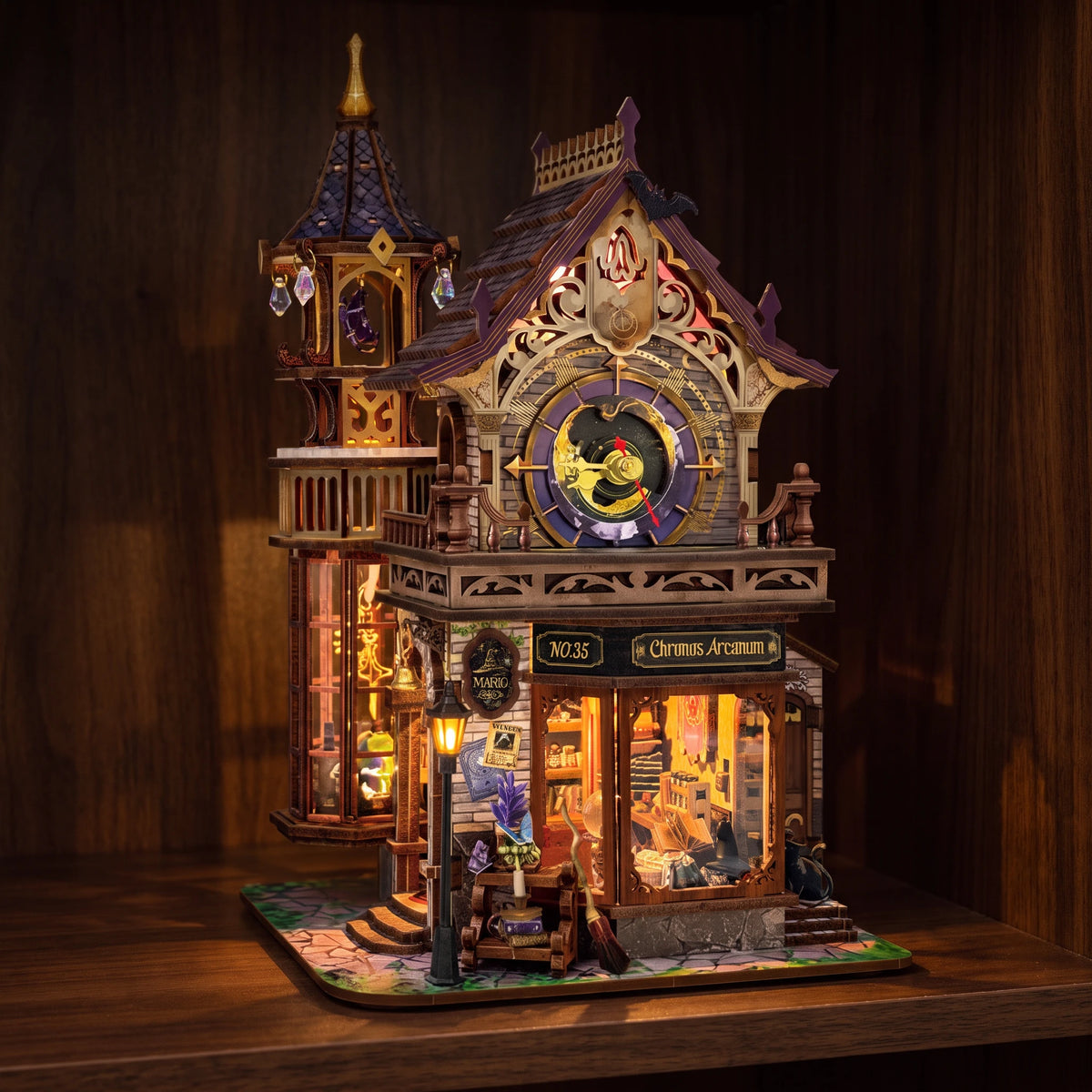 The Timekeeper's Arcanum glowing at night on a dark walnut shelf