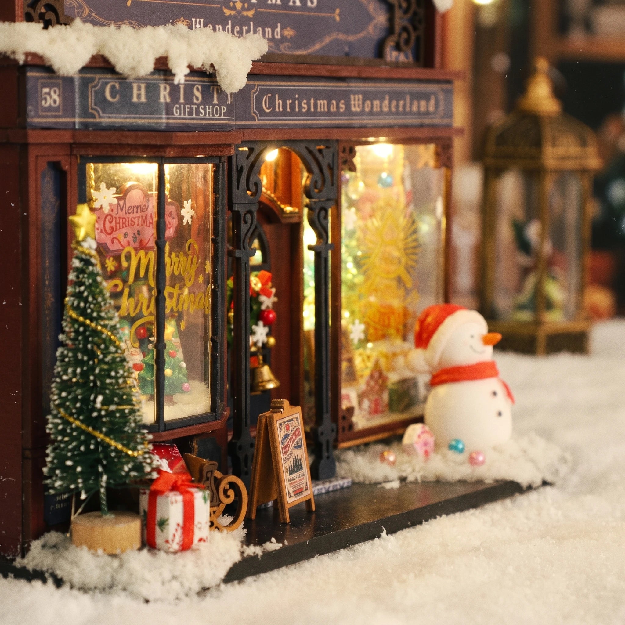 Snowman at the shop door under the glowing bay window