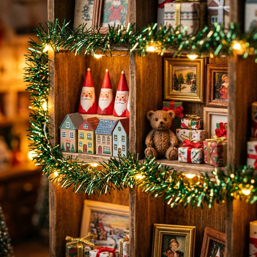 Gift shelf detail with santa cones, teddy bear and presents