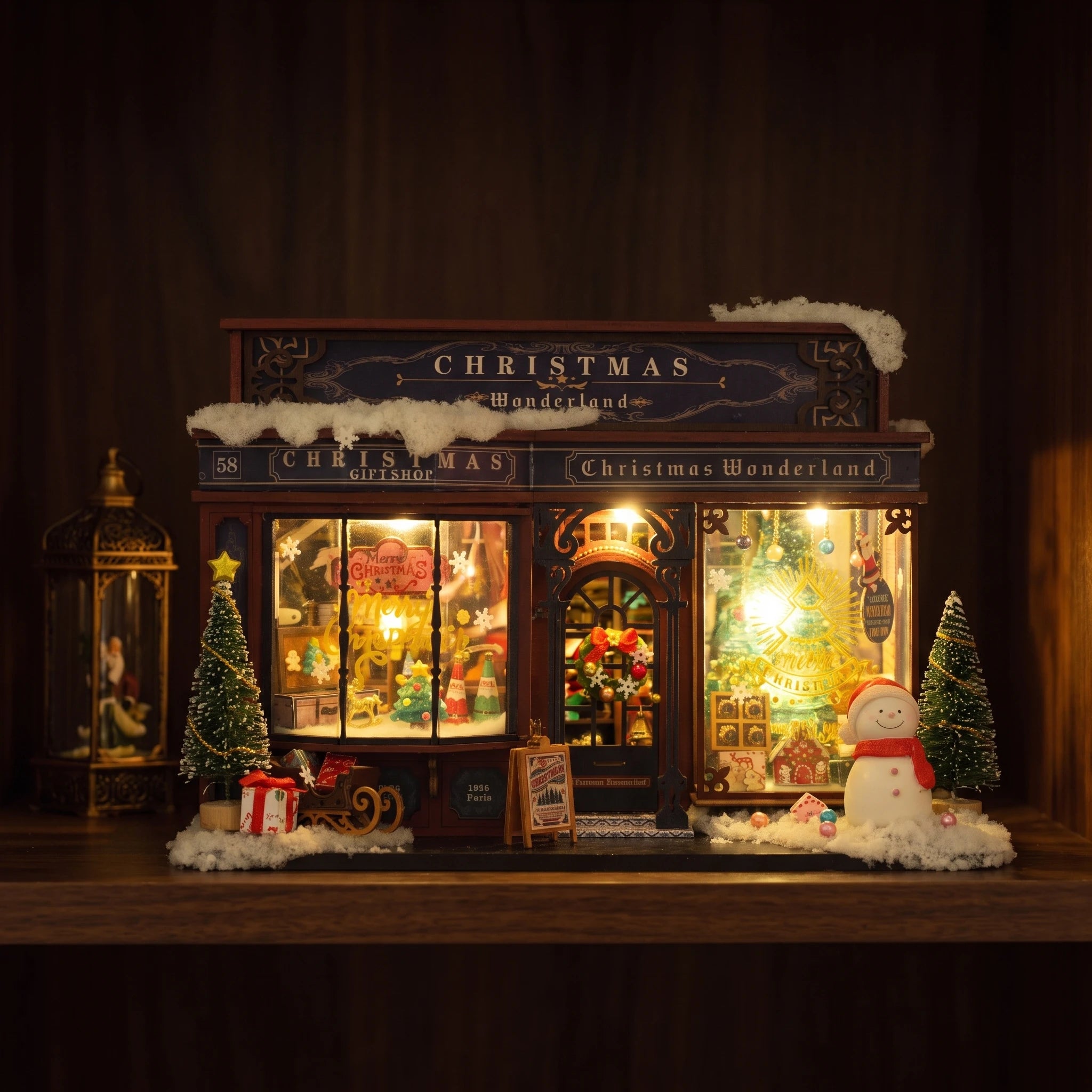 The Tinsel Emporium glowing on a walnut shelf at night