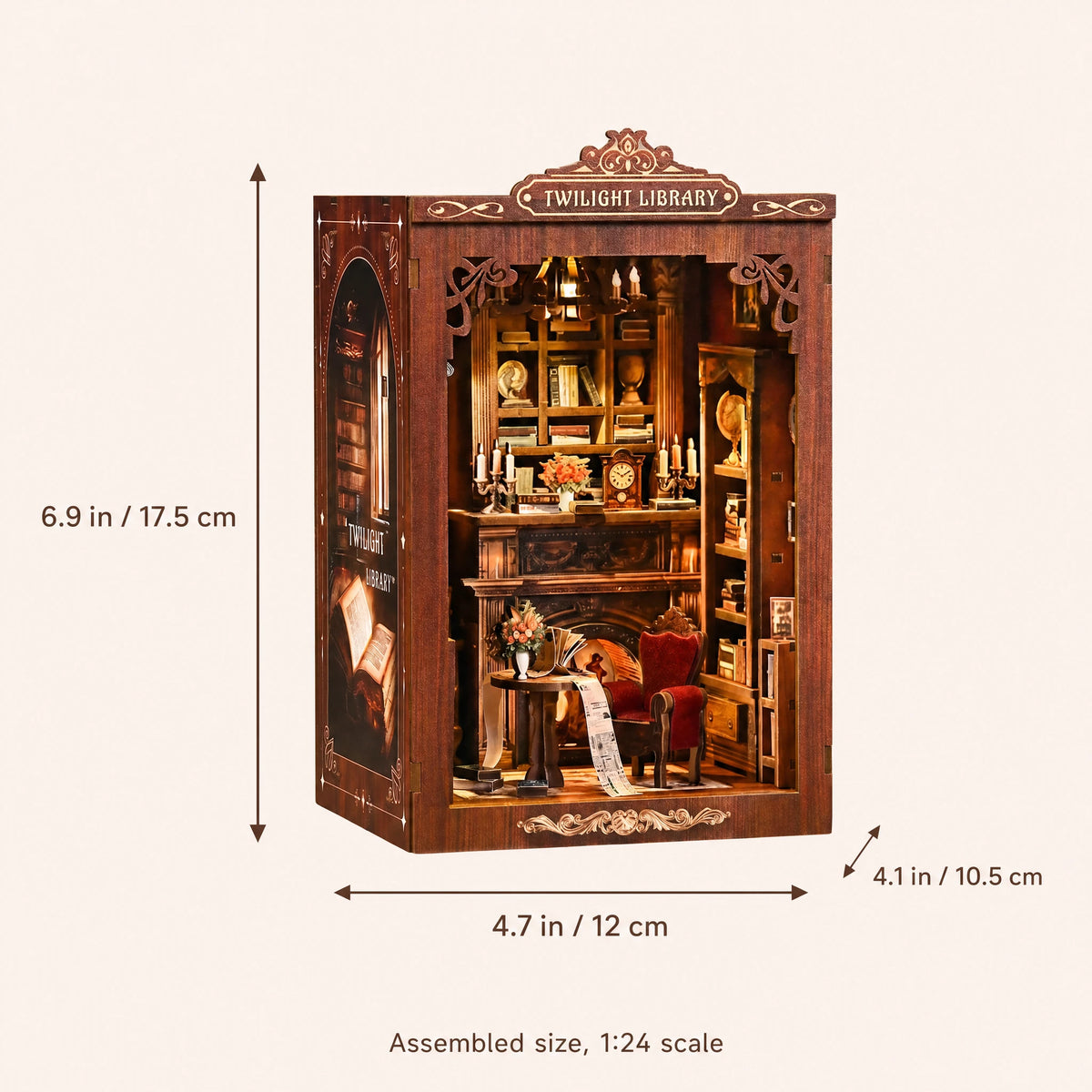 The Twilight Library assembled size: 6.9 x 4.7 x 4.1 inches (17.5 x 12 x 10.5 cm)