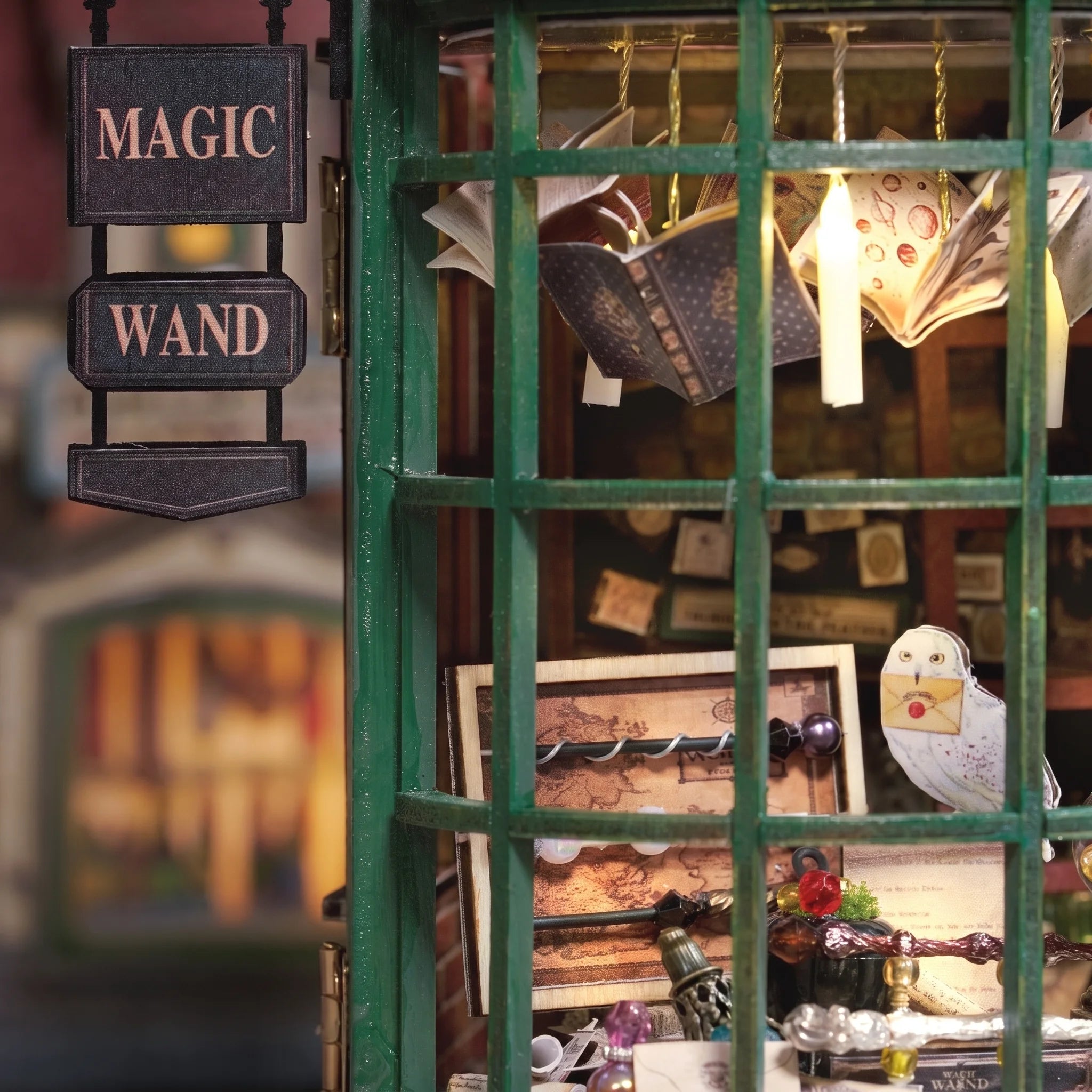 Detail of the curved bay display window of The Wandmaker's Atelier
