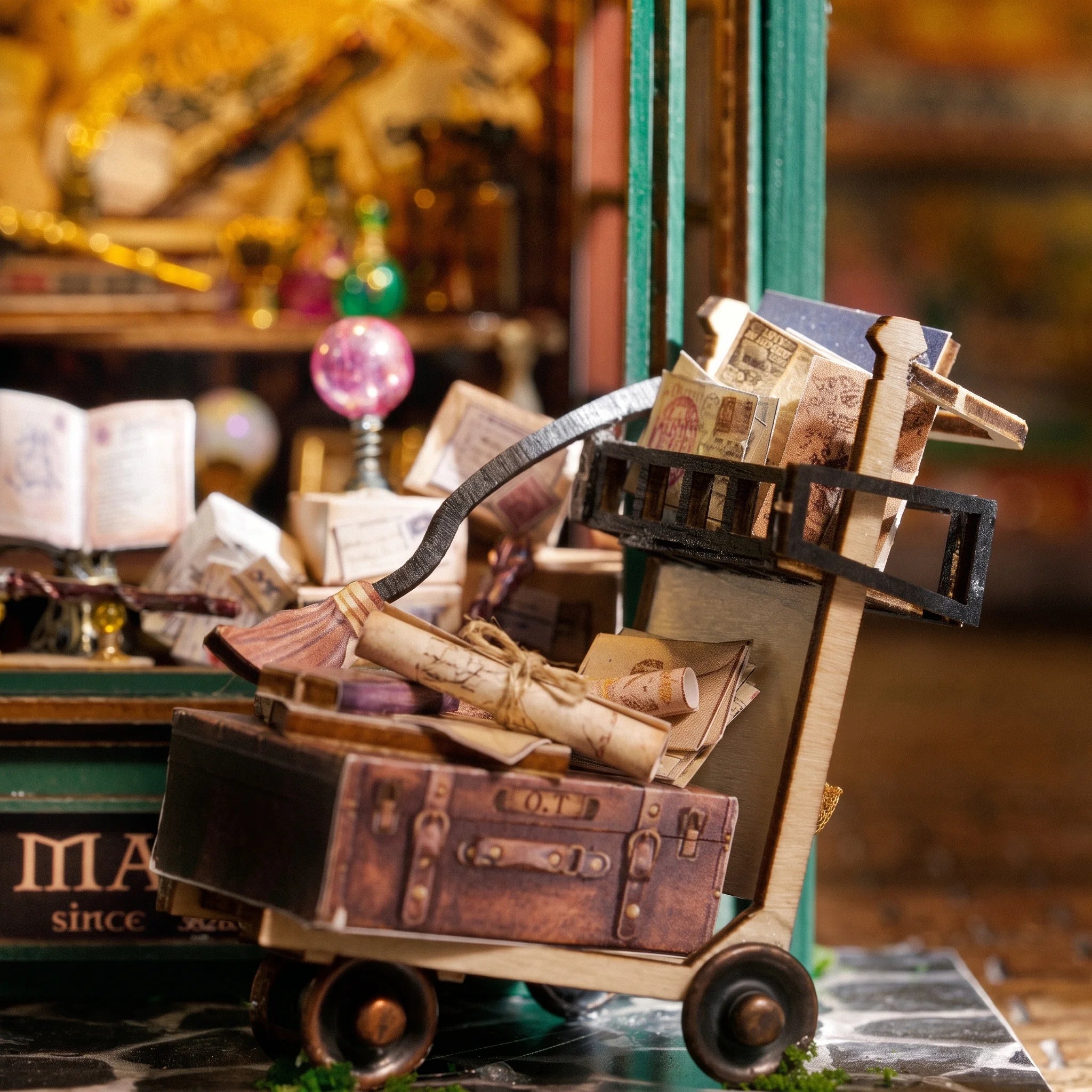 Detail of the luggage cart stacked with suitcases and wand boxes outside The Wandmaker's Atelier