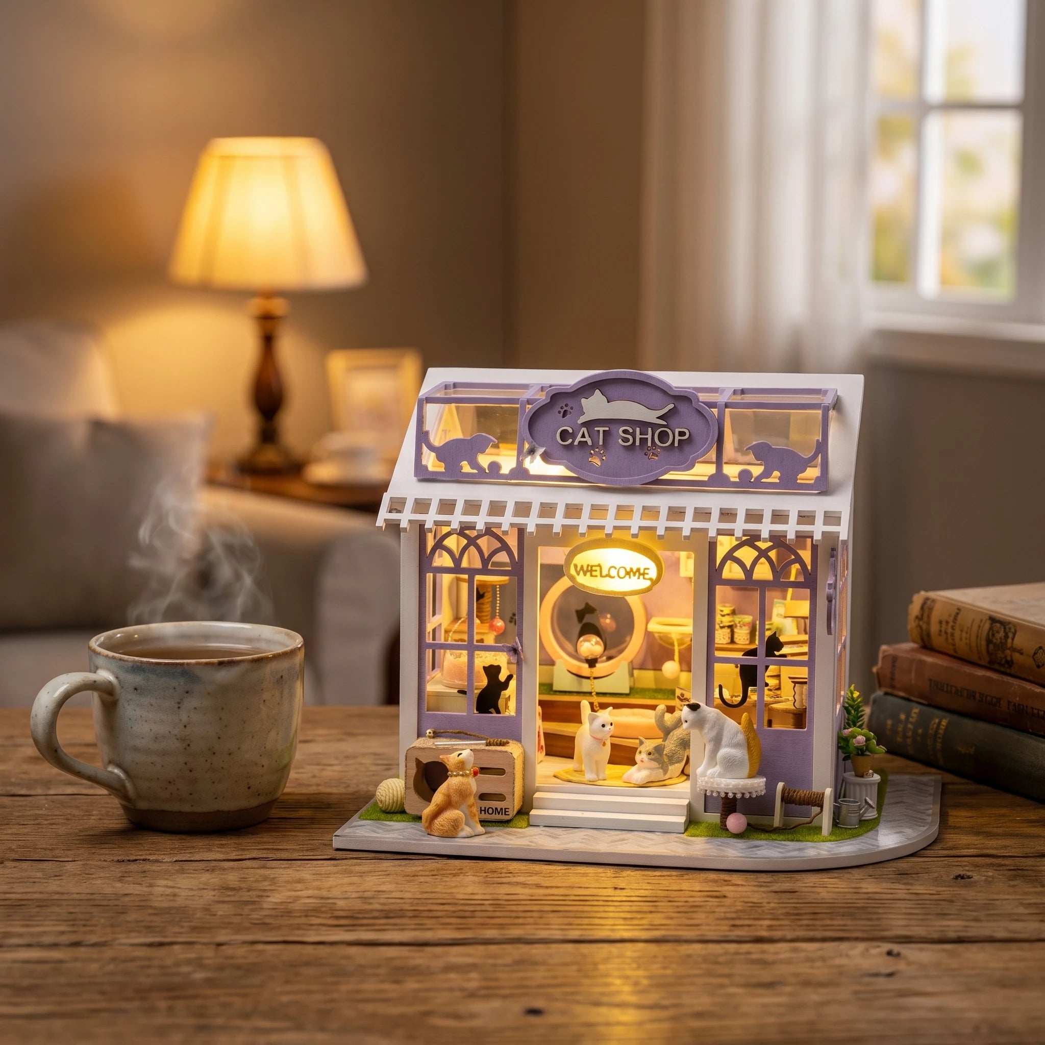 The Whisker Shop lit up on a desk at dusk beside a mug of tea