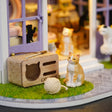 Detail of the CAT HOME crate and ginger cat on The Whisker Shop lawn