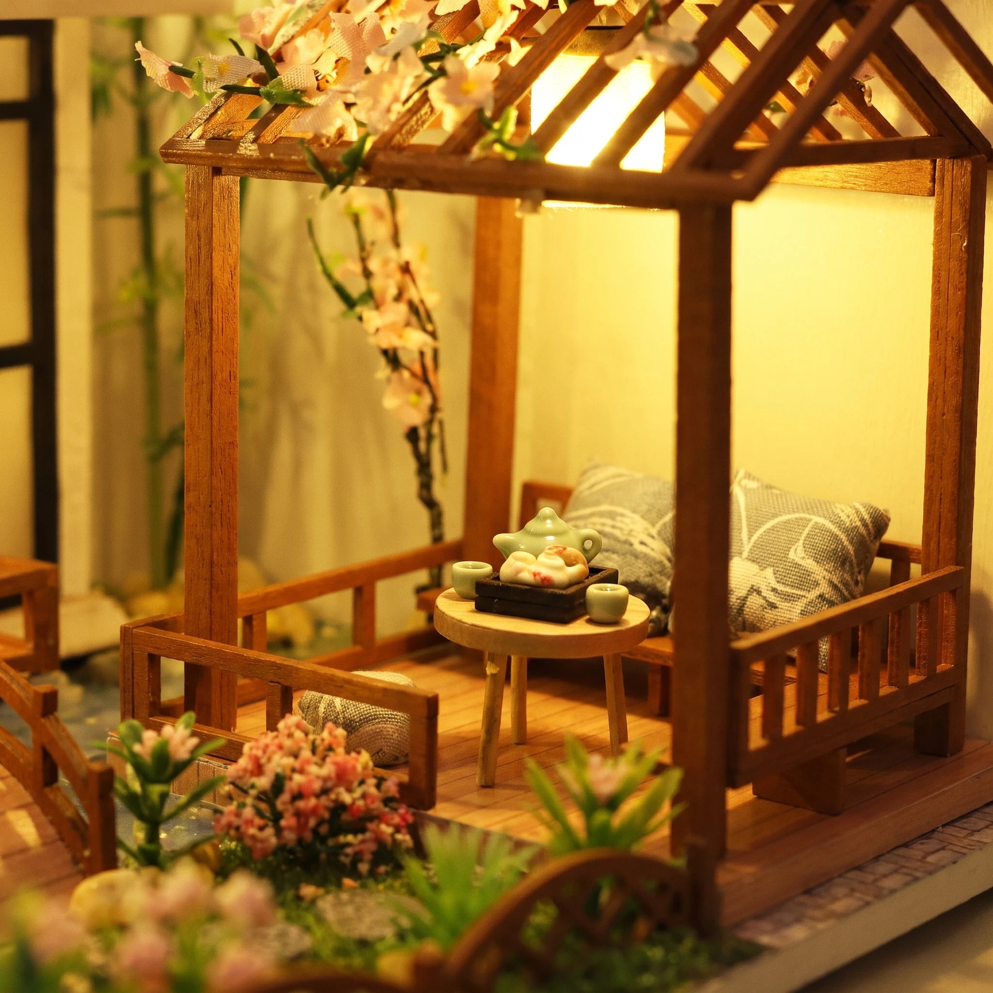 Close-up of the pergola daybed corner of The Willow Bridge