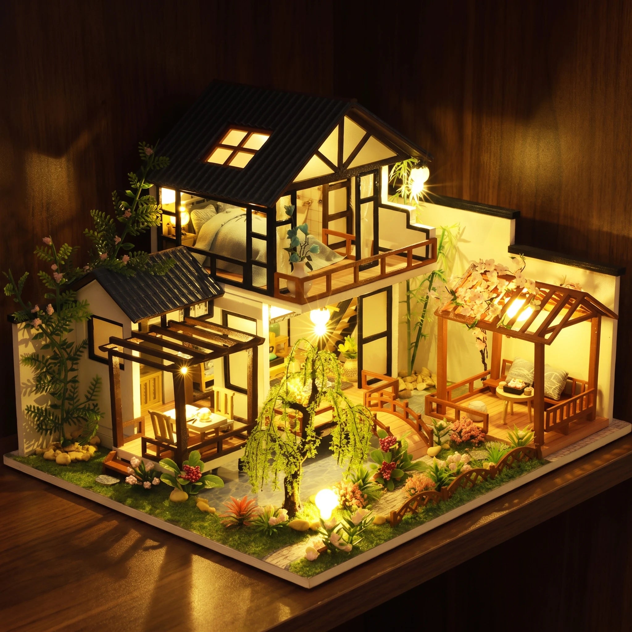 The Willow Bridge glowing on a walnut shelf at night