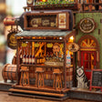 Macro of the bar counter, bottle shelves and the husky by the red door