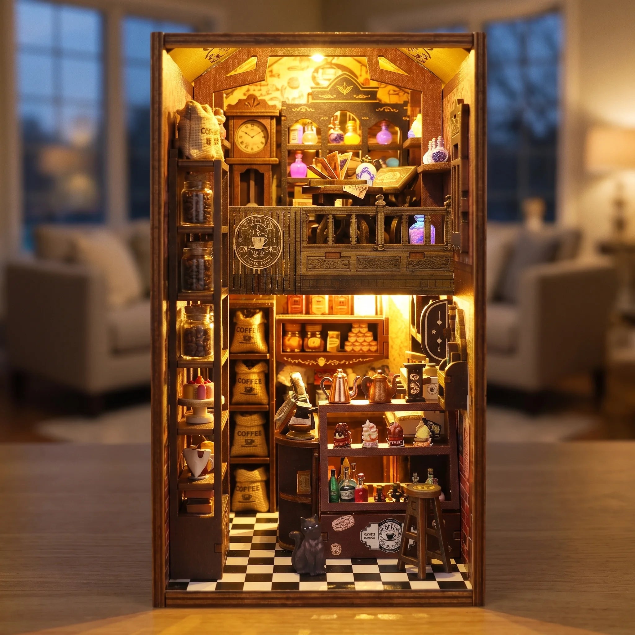Looking into the glowing coffee shop interior of The Witch's Brew book nook