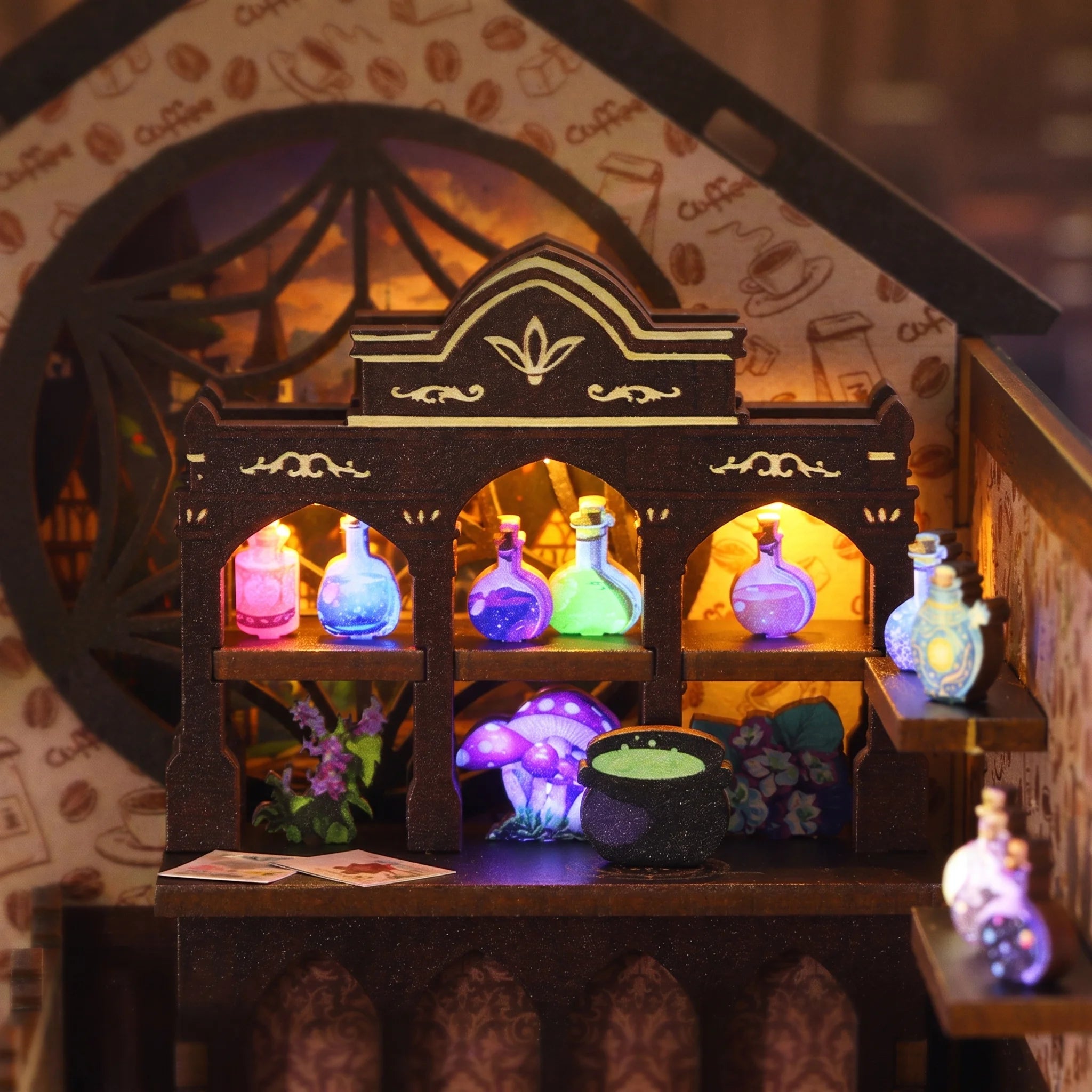 Close up of the glowing potion syrup shelf inside The Witch's Brew book nook