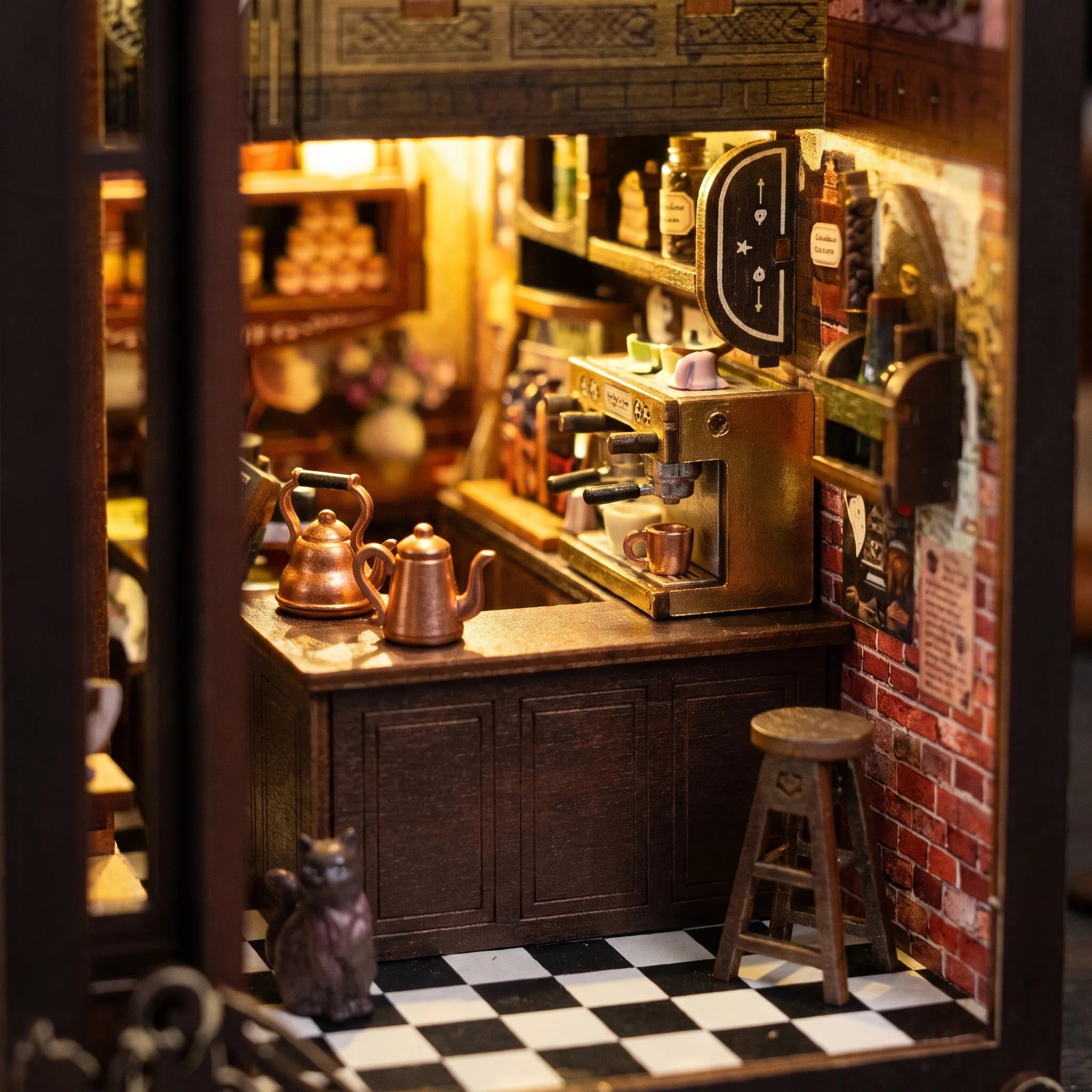 Close up of the espresso counter with copper kettles inside The Witch's Brew