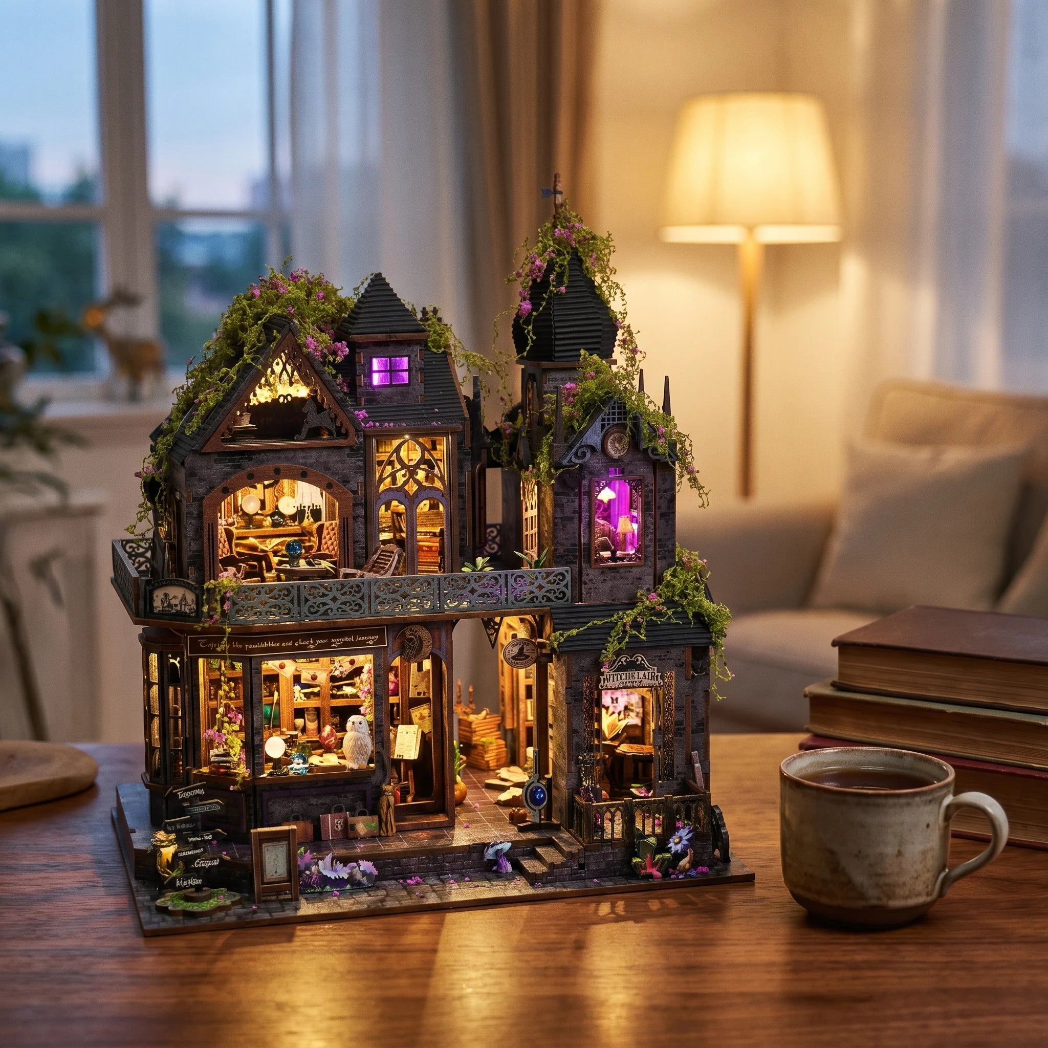The Witch's Lair lit on a wooden desk at dusk beside a mug of tea and books