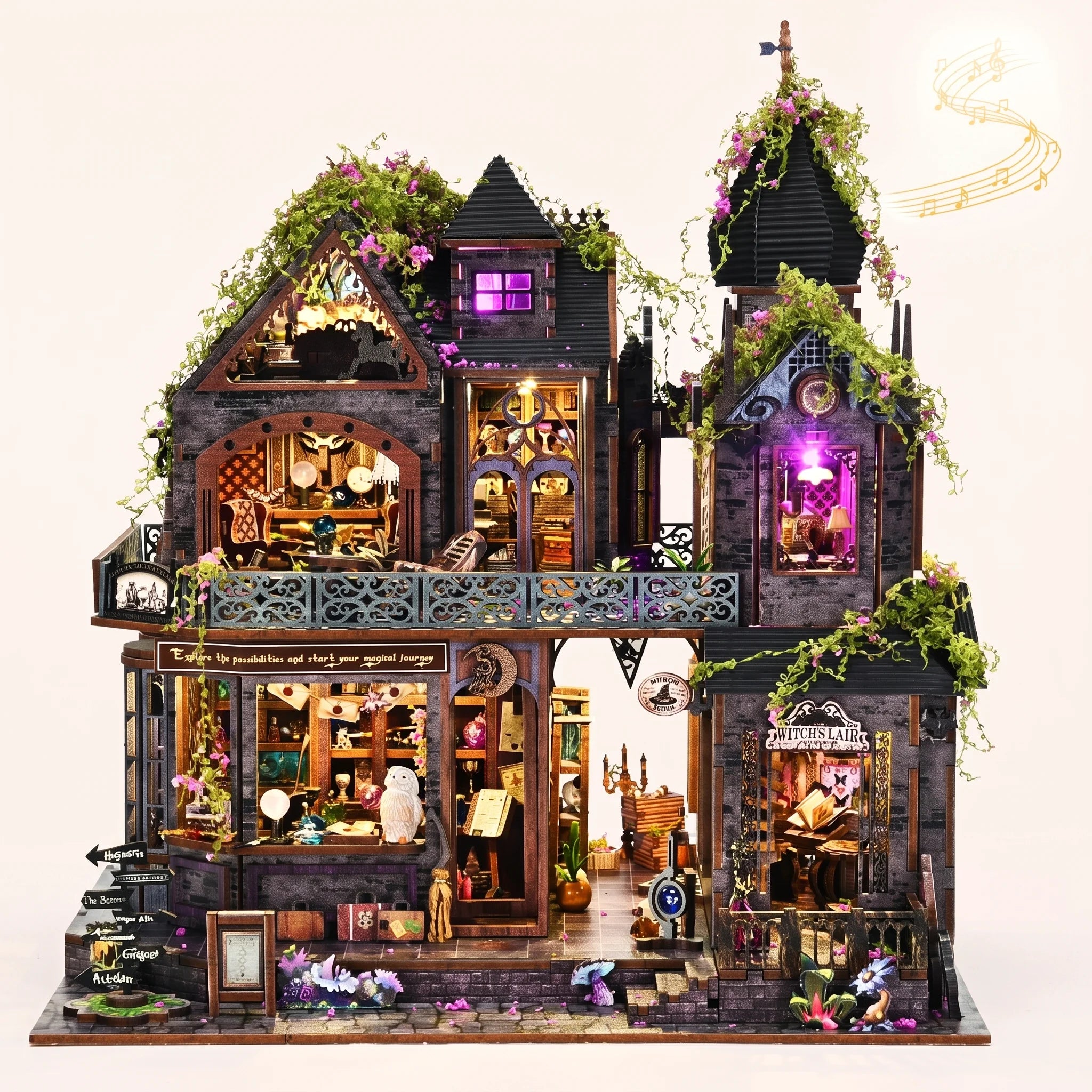 The Witch's Lair DIY miniature gothic mansion kit with LED lights on, blush studio hero