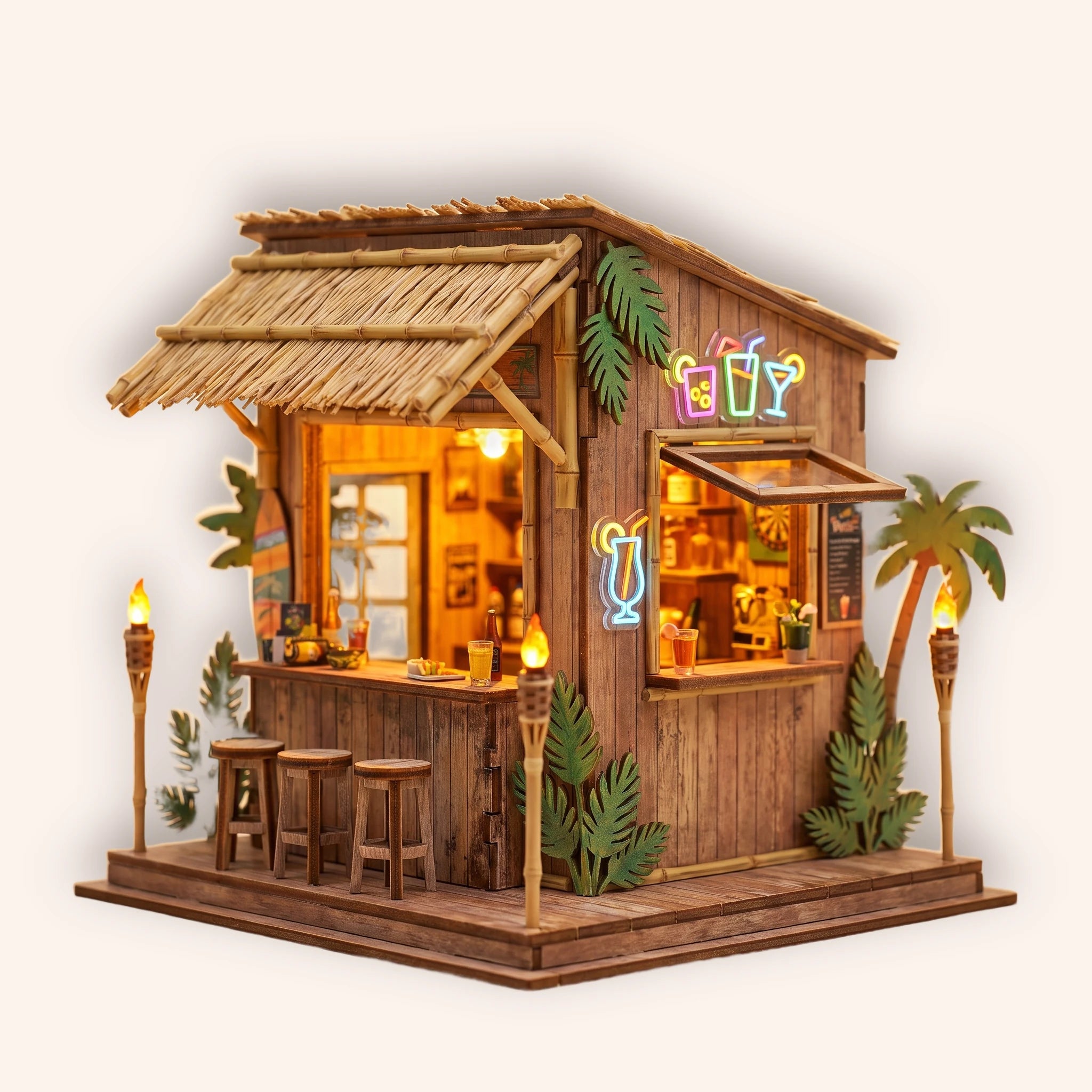 The Tiki Bar DIY miniature beachside tiki bar kit with warm LED lighting