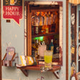 Macro detail of the tiny back bar with miniature bottles and hanging glasses