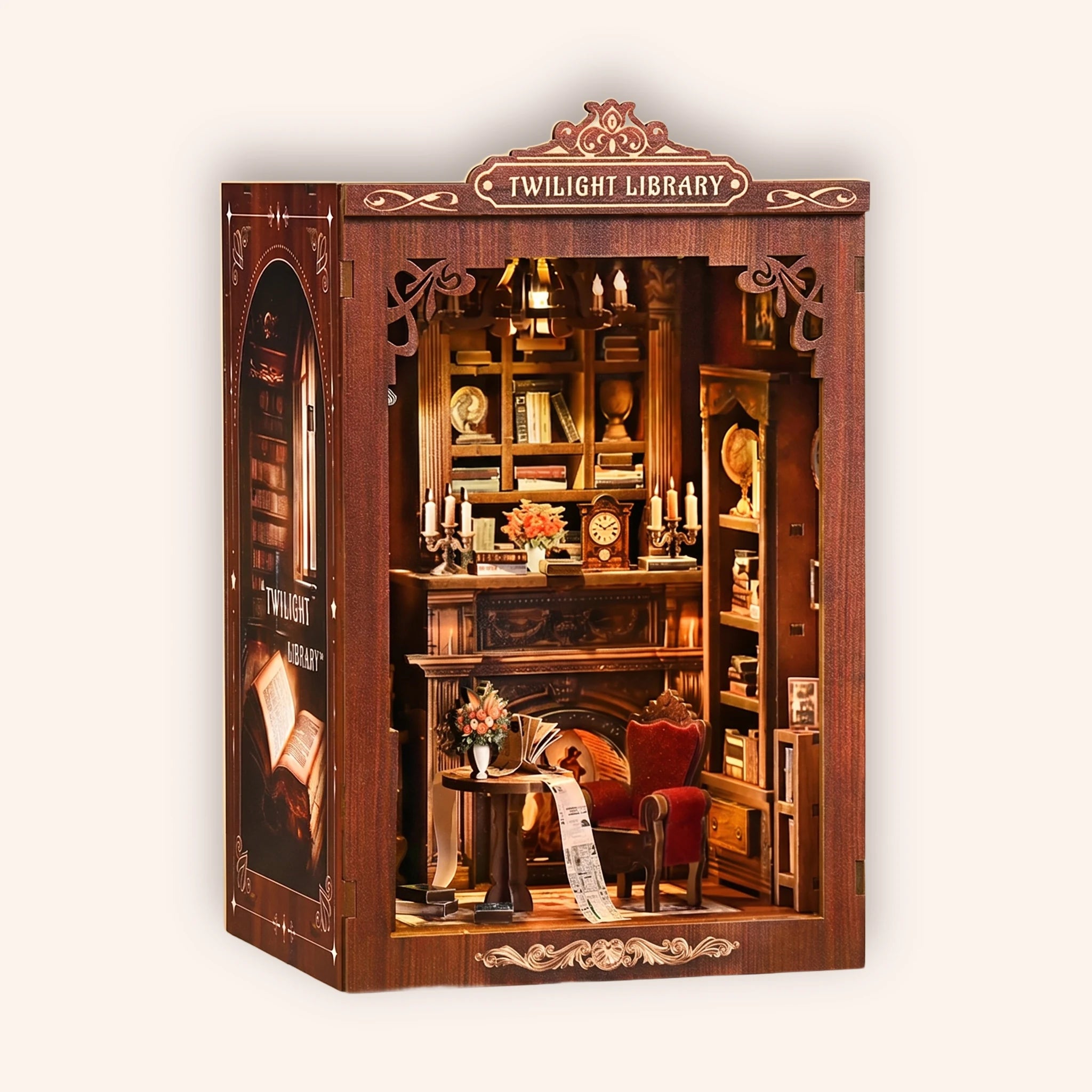 The Twilight Library miniature gothic book nook on a cream background
