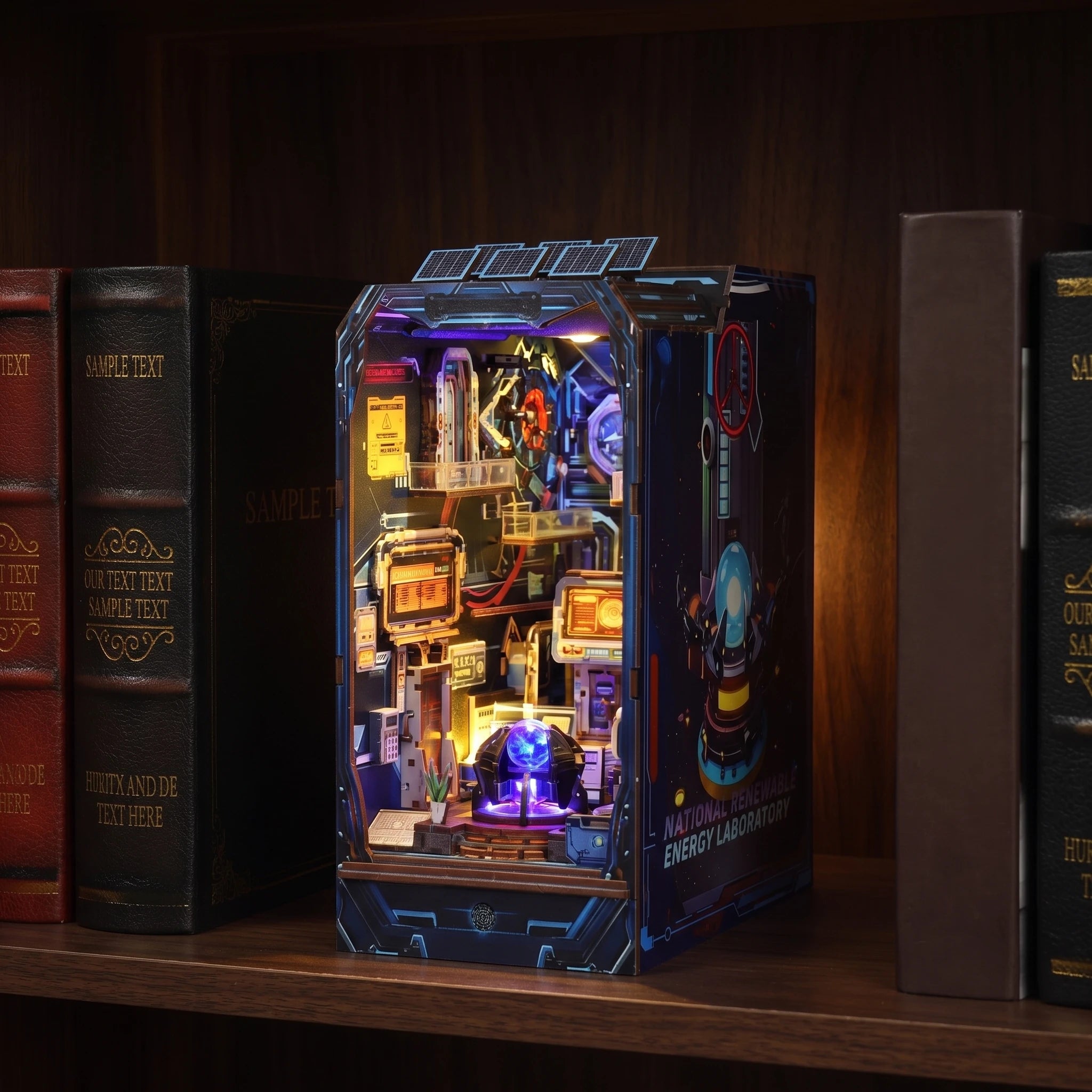 The Neon Reactor glowing on a walnut shelf at night