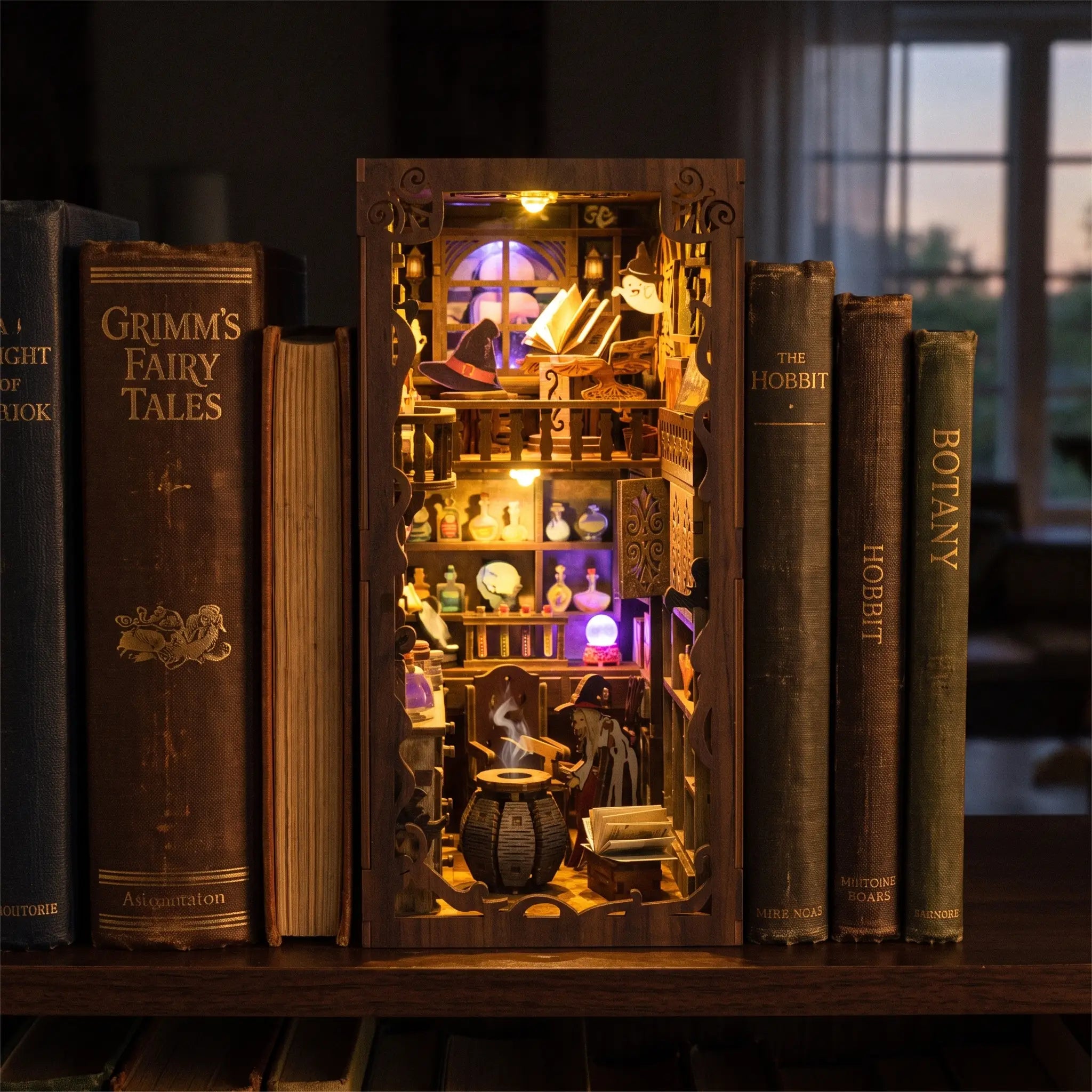 The Wizard's Tower slotted on a shelf between books at dusk