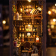 Close-up of the warmly lit potion shelves inside The Wizard's Tower